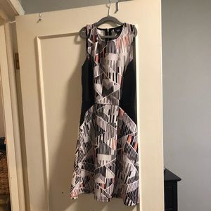patterned peach navy gray semi formal Macy’s dress